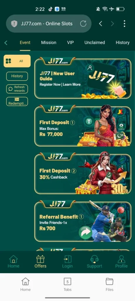 JJ77 Game Bonuses And Promotions