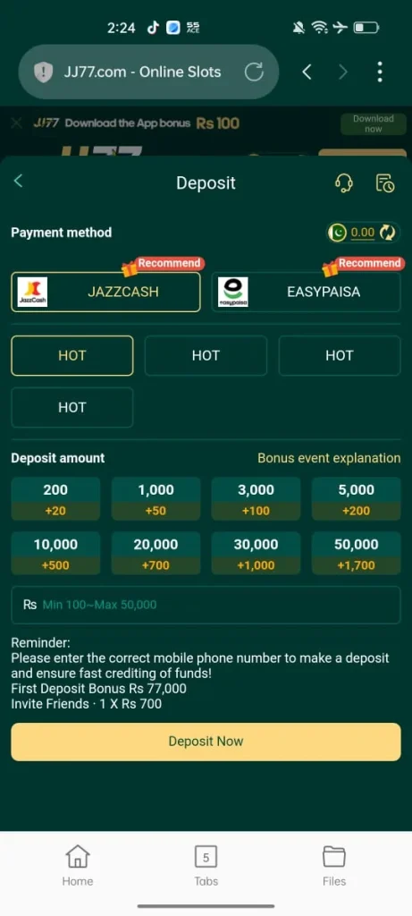 JJ77 Game Deposit And Withdraw
